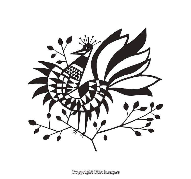 Stylized Black and White Bird Illustration with Geometric Details
