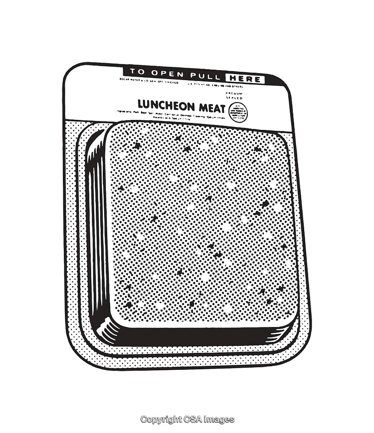 Retro Black and White Line Art of Luncheon Meat Packaging