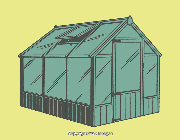Colorful Line Art Illustration of a Greenhouse Against a Yellow Background
