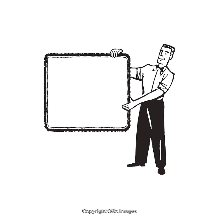 Black and White Illustration of a Man Holding a Blank Framed Square