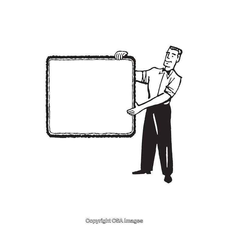 Black and White Illustration of a Man Holding a Blank Framed Square