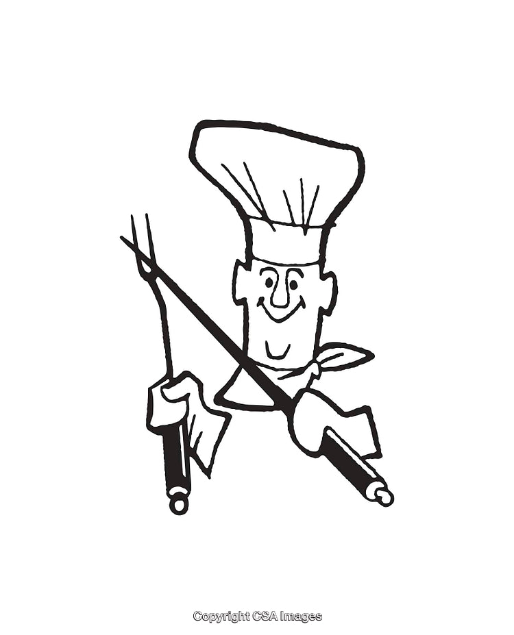 Playful Line Art Illustration of a Happy Chef Holding Utensils