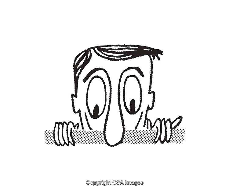 Curious Cartoon Character Peeking Over a Fence in Black and White Artwork