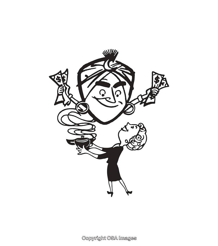 Retro Illustration of a Genie Offering Money to a Happy Woman