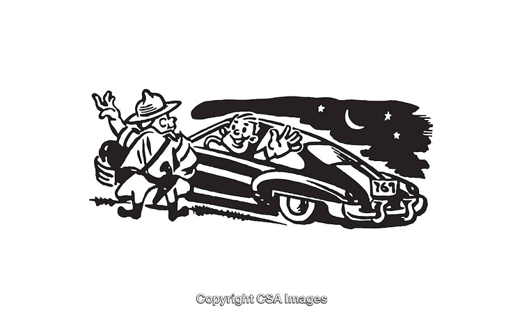 Vintage Illustration of a Car Passenger Greeting a Traveler at Night