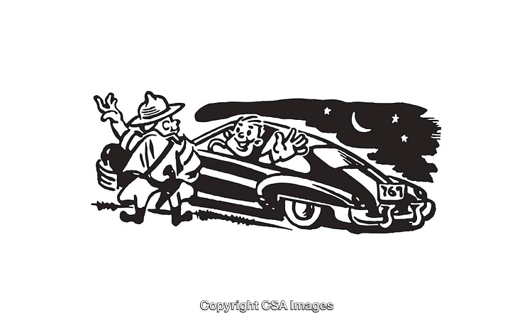 Vintage Illustration of a Car Passenger Greeting a Traveler at Night
