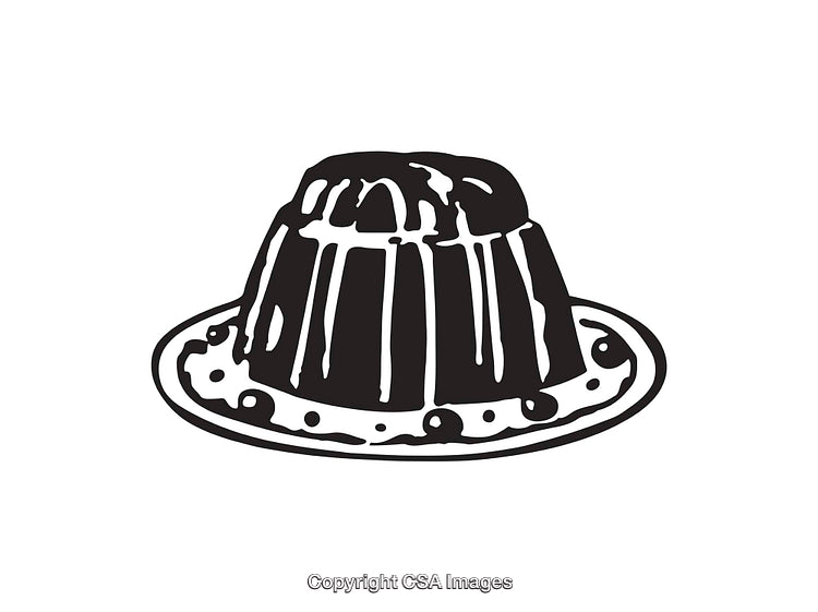 Black and White Line Art of a Pudding Dessert on a Plate