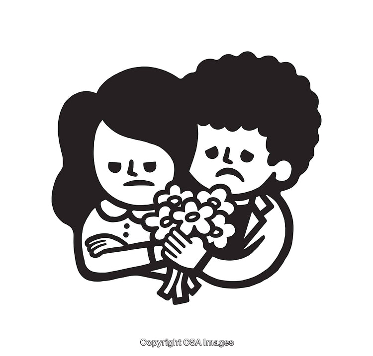 Sad Couple in Black and White Line Art with Flowers