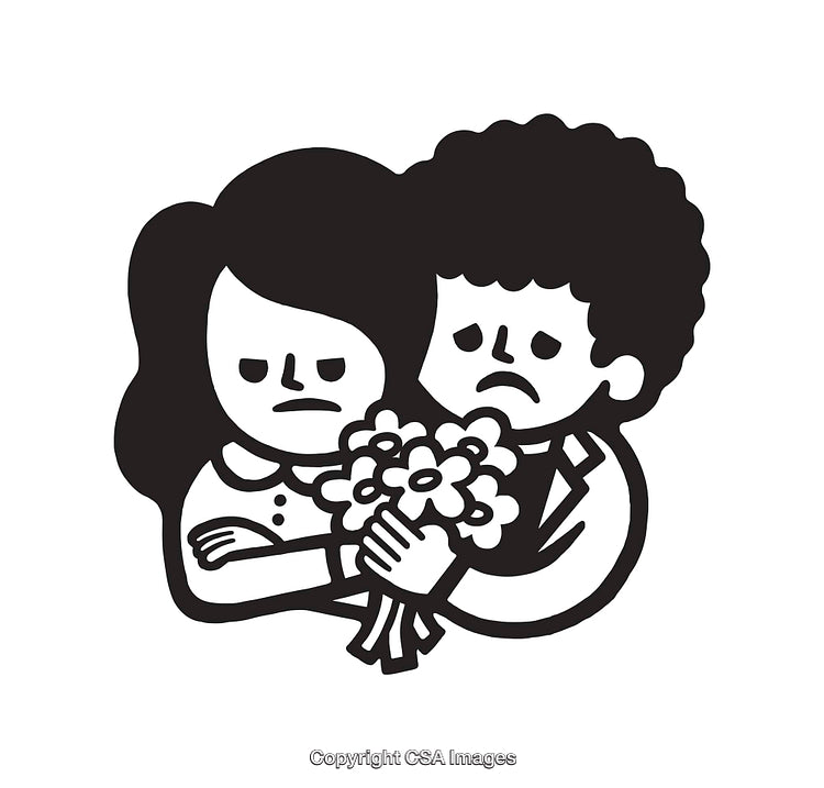 Sad Couple in Black and White Line Art with Flowers