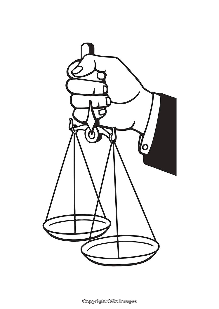 Black and White Illustration of a Hand Holding Scales of Justice