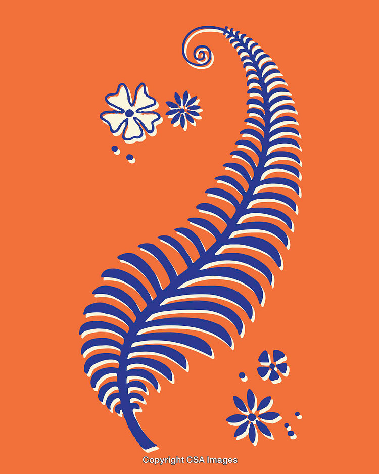 Abstract Blue Leaf and Floral Illustration on Orange Background