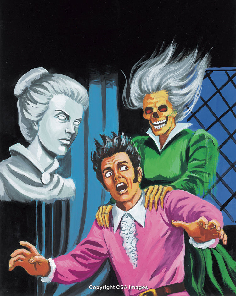 Terrified Man Confronting Ghostly Apparition in Haunted House Setting