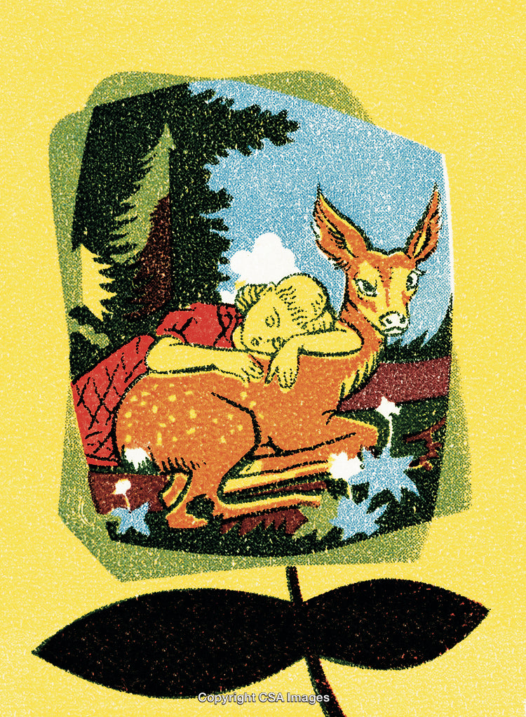 Illustration of a Fawn and Child in a Vibrant Forest Setting