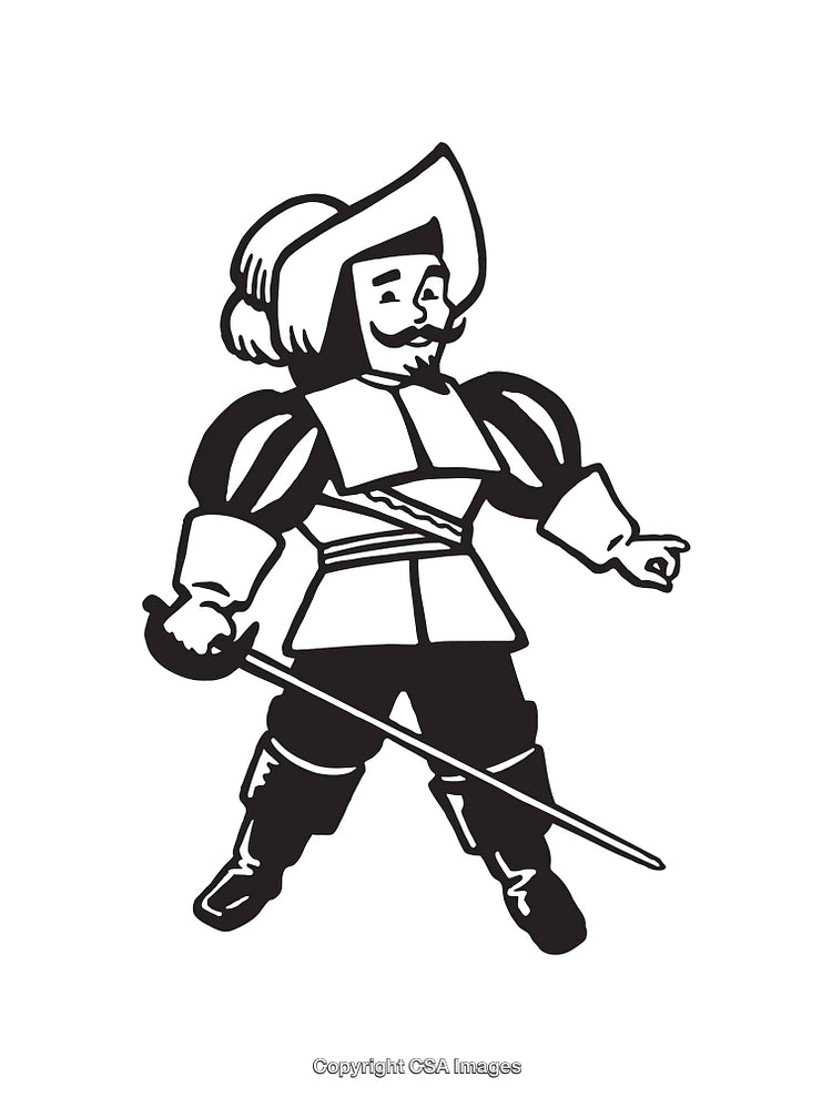 Black and White Line Art of a Swordsman Antiquated Attire Pose