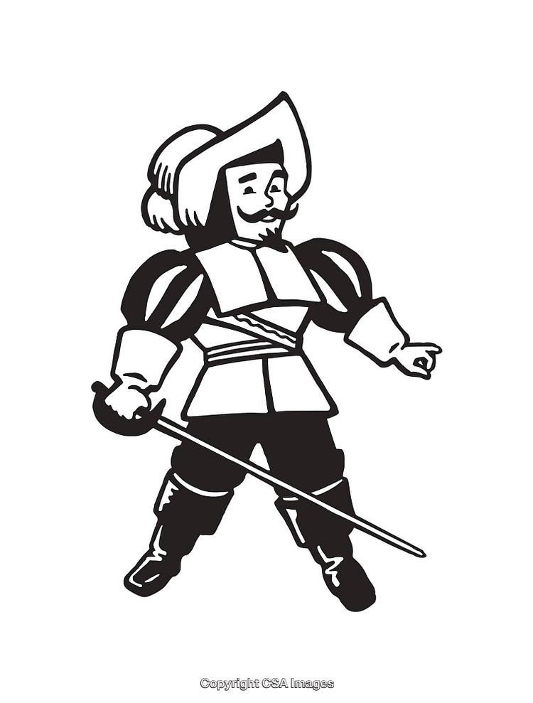 Black and White Line Art of a Swordsman Antiquated Attire Pose