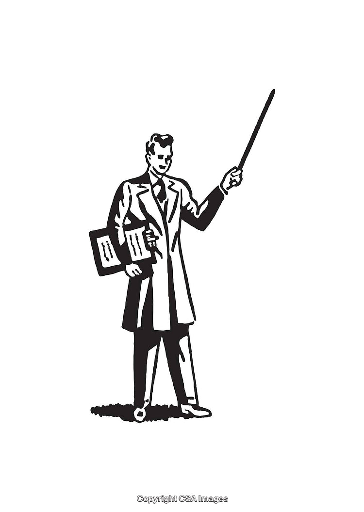 Vintage Black and White Illustration of a Teacher Pointing with a Wand