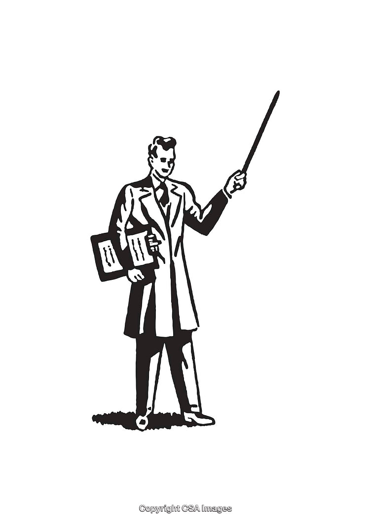 Vintage Black and White Illustration of a Teacher Pointing with a Wand