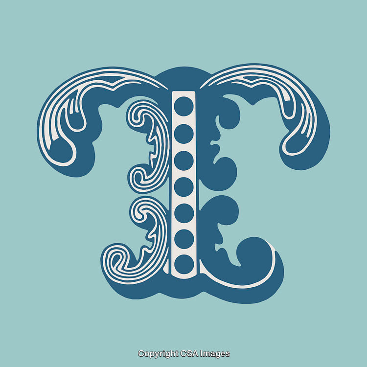 Ornate Decorative Letter T on a Pastel Blue Background