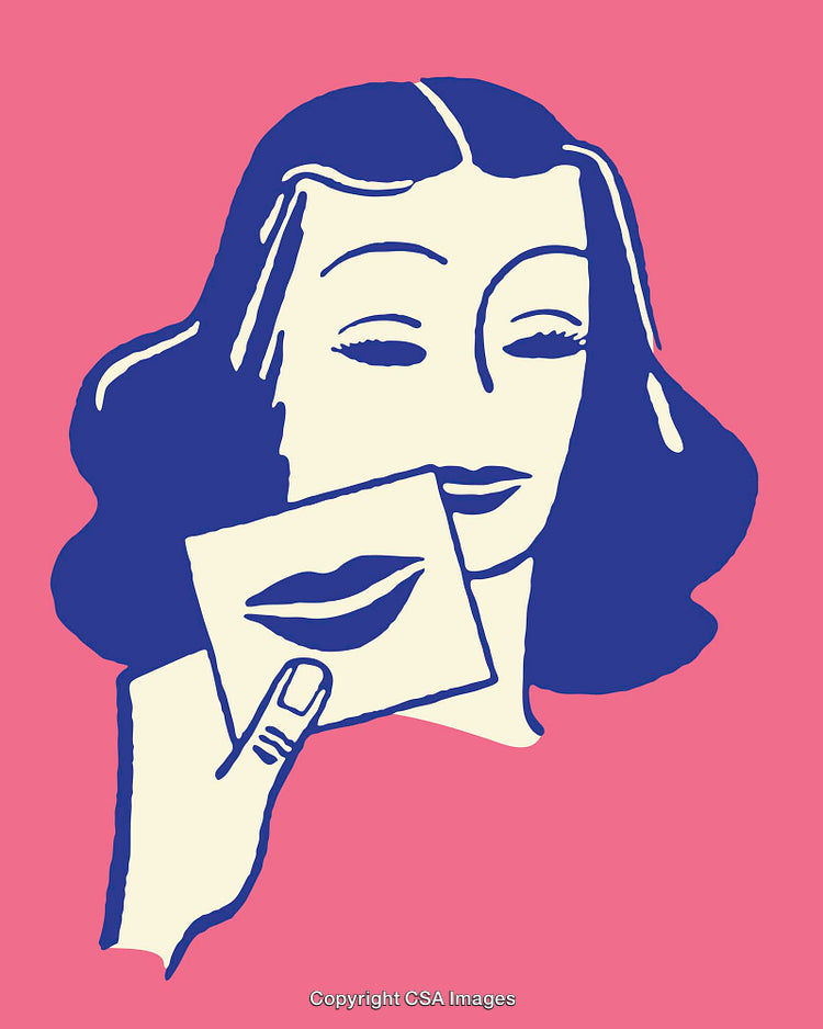 Vintage Pop Art Illustration of Woman Holding a Smiling Lips Card