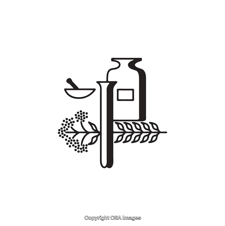 Black and White Line Art Illustrating Pharmacy and Nature Elements