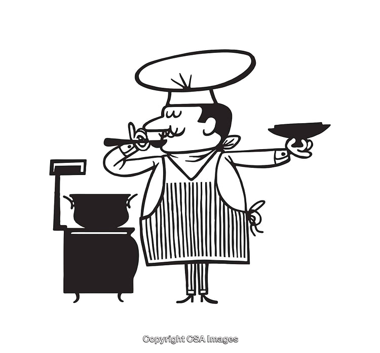 Chef Tasting Cooking Pot in Whimsical Black and White Line Drawing