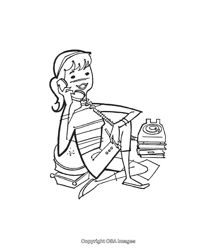 Illustration of Woman Talking on Phone Surrounded by Papers in Line Art Style