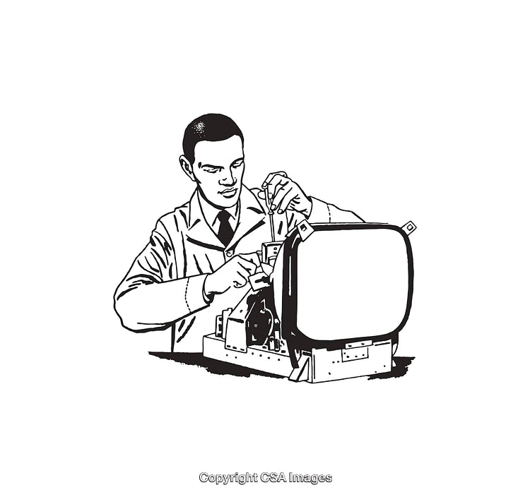 Technician Repairing Television Illustrated in Black and White Line Art Style