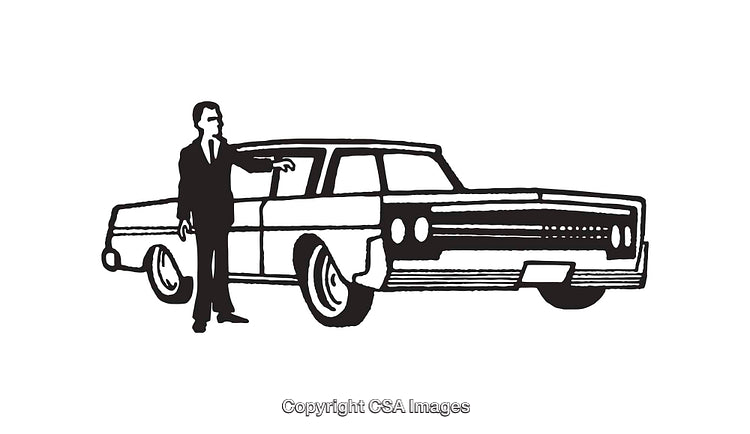 Black and White Line Art of a Person with Classic Car