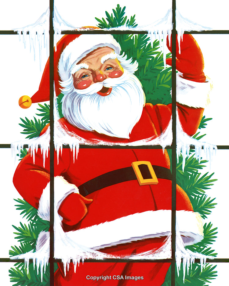 Jolly Santa Claus Behind Frosted Window With Christmas Tree Background