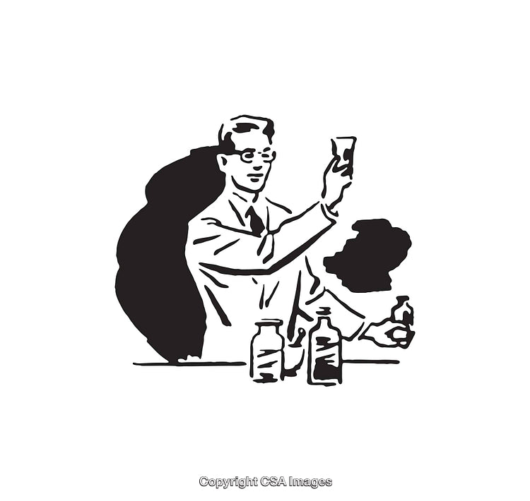 Black and White Line Art Illustration of a Scientist Conducting an Experiment