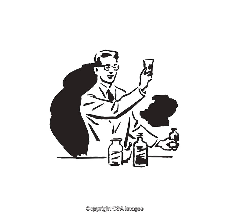 Black and White Line Art Illustration of a Scientist Conducting an Experiment