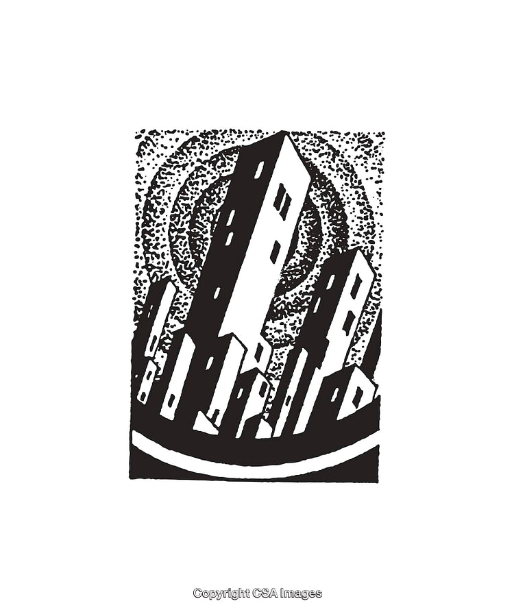 Abstract Line Art of Skyscrapers Against a Starry Circular Background