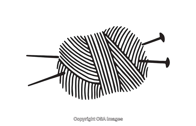 Black and White Line Art Illustration of Yarn and Knitting Needles