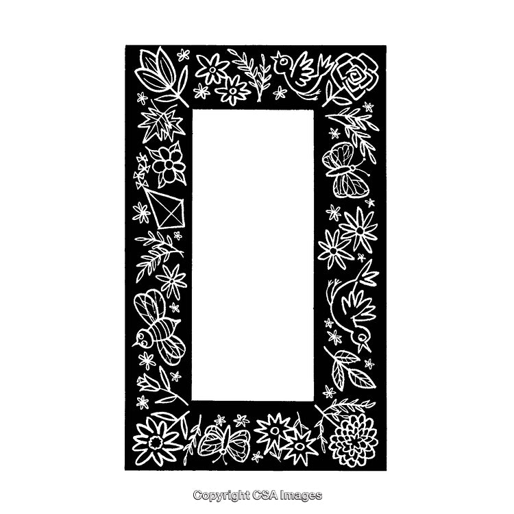 Black and White Decorative Border with Floral and Nature Motifs