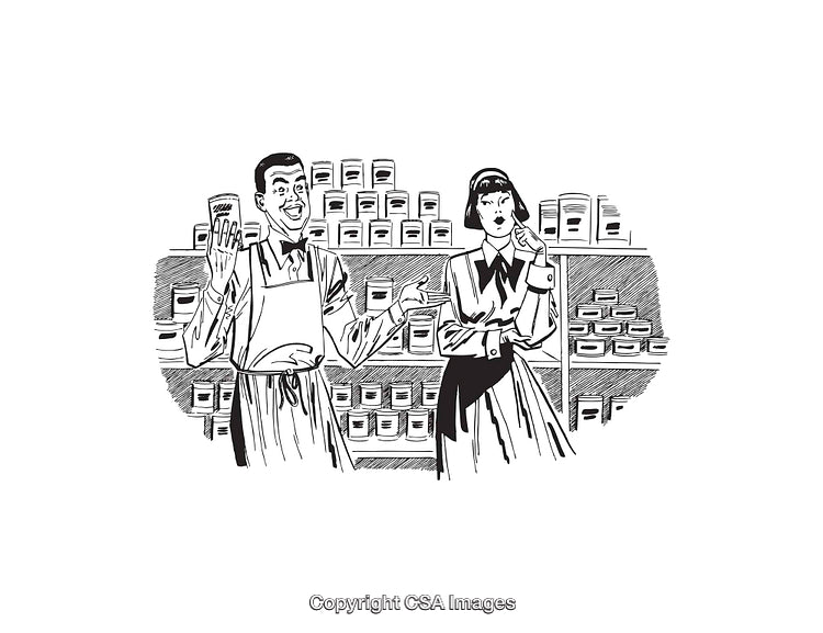 Vintage Black And White Illustration of Store Clerks In A Retail Setting