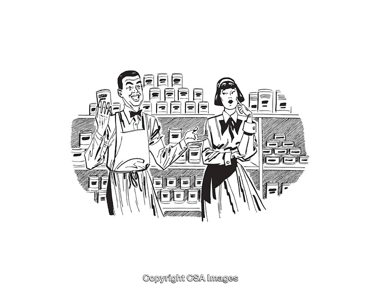 Vintage Black And White Illustration of Store Clerks In A Retail Setting