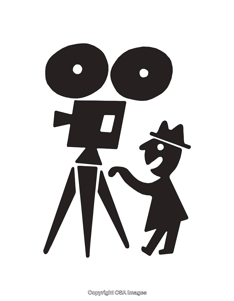 Black and White Line Art of a Filmmaker Operating a Vintage Camera