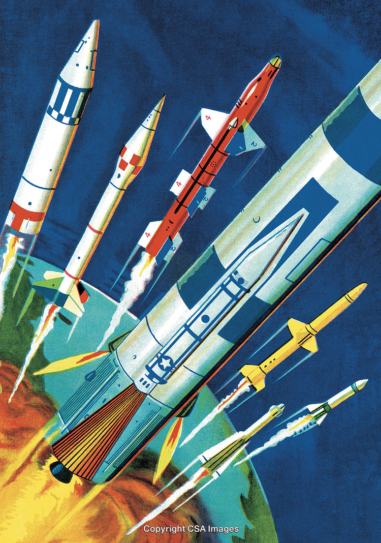 Colorful Rocket Launch Scene With Multiple Spacecraft on a Bright Background