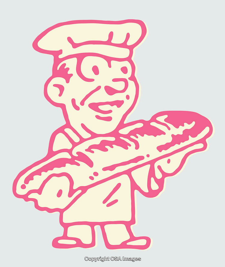 Playful Illustration of a Baker Holding a Freshly Baked Baguette
