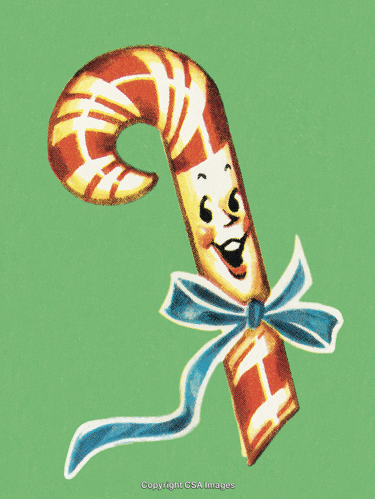 Vintage Illustration of a Smiling Candy Cane with Blue Ribbon on Green Background