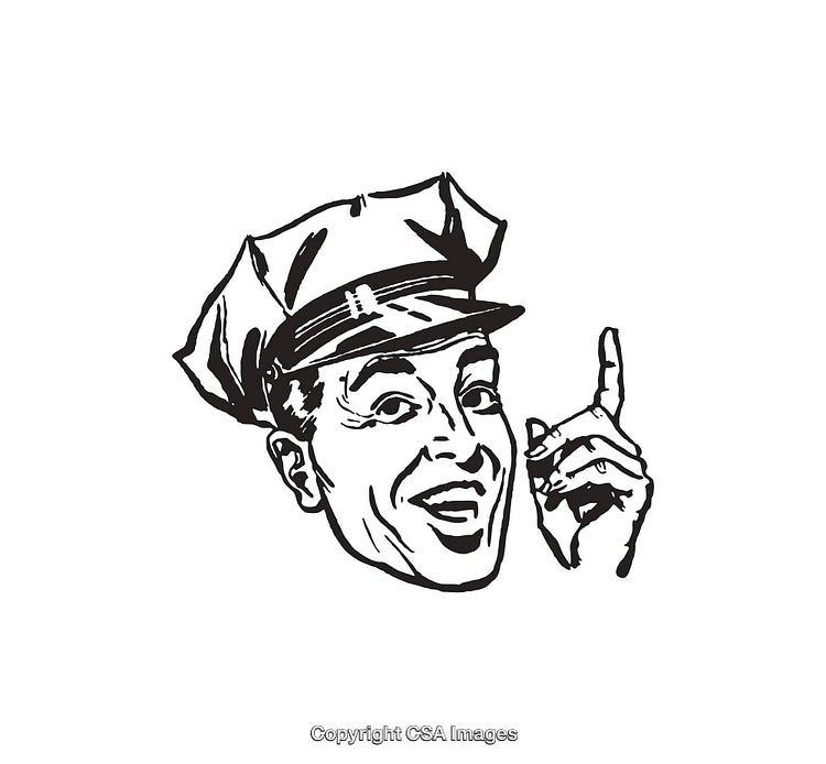 Vintage Line Art Depiction of Smiling Policeman Giving Advice