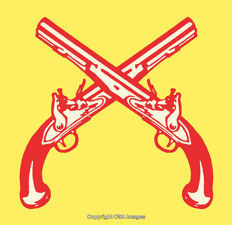 Vintage Crossed Pistols in Red on a Yellow Background Illustration