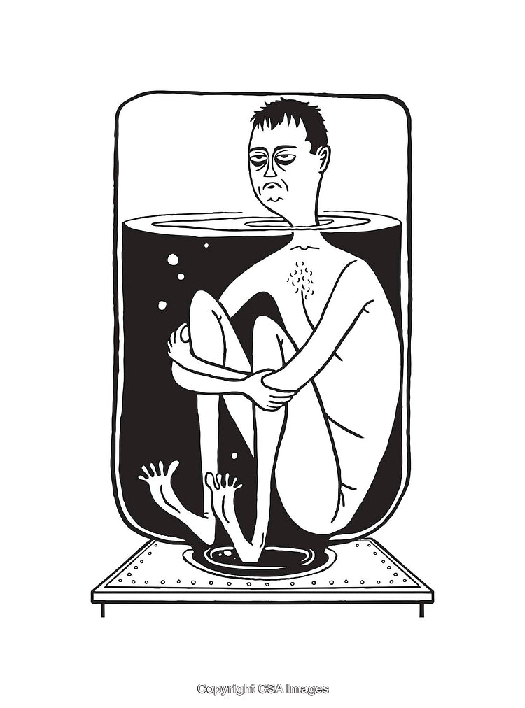 Surreal Black and White Illustration of a Person in a Glass Container
