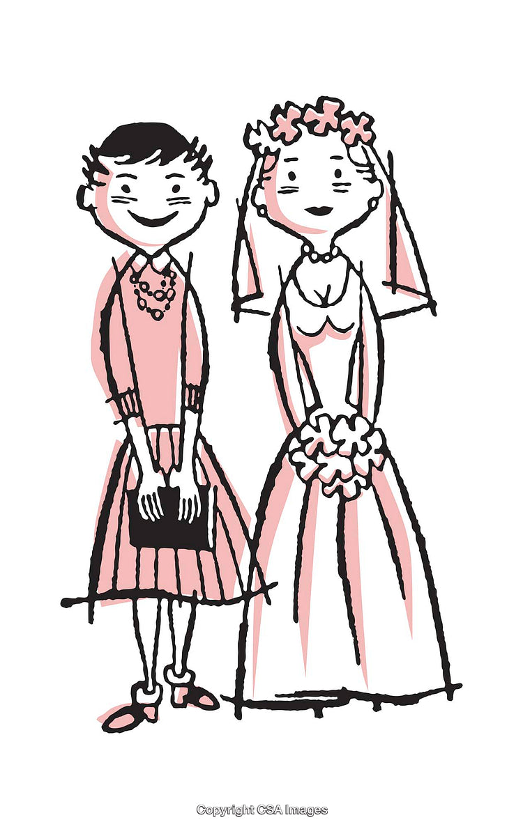 Whimsical Illustration of Bride and Bridesmaid in Soft Pink Tones