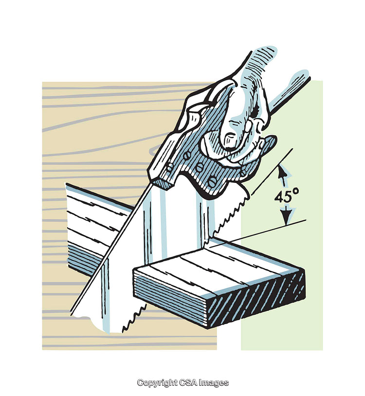 Illustration of 45-Degree Angle Using a Hand Saw on Wooden Plank