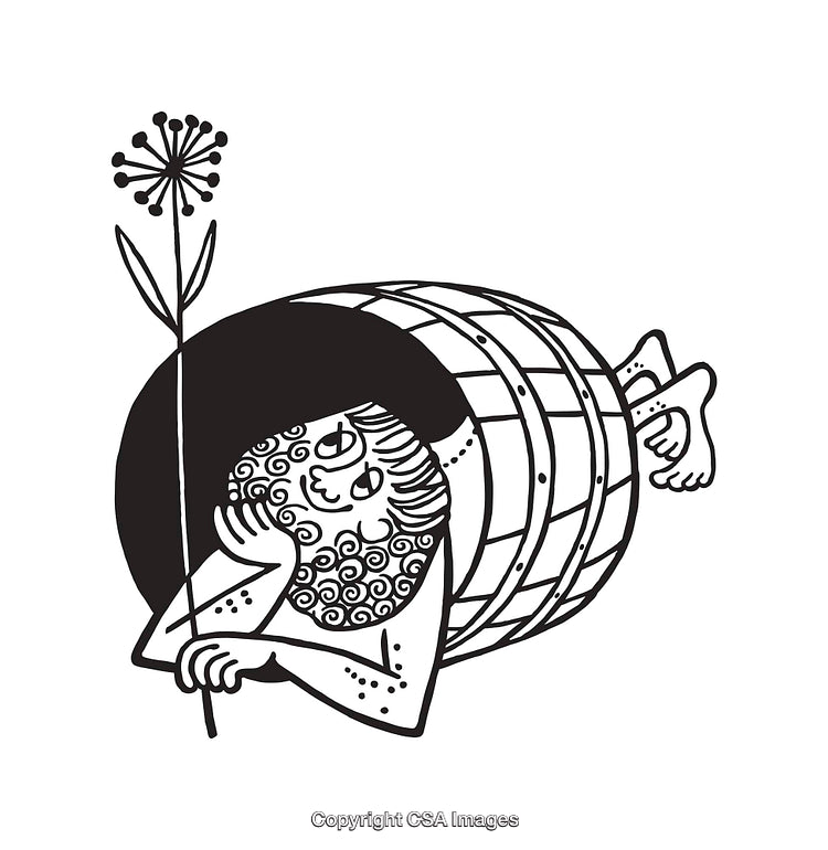 A Humorous Black and White Illustration of a Person Relaxing in a Barrel
