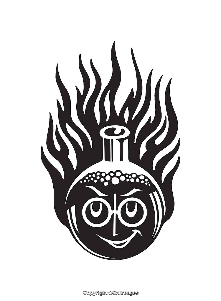 Smiling Chemistry Flask with Flames in Black and White Line Art