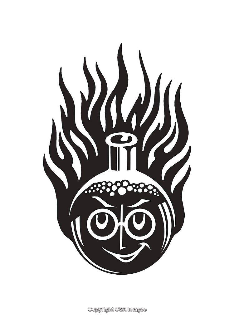 Smiling Chemistry Flask with Flames in Black and White Line Art