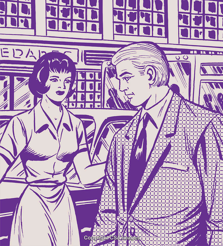 Vintage Comic Illustration of Man and Woman in Urban Setting