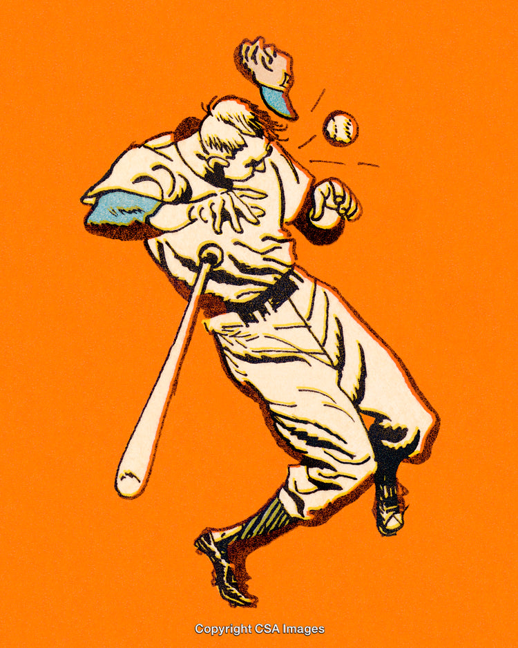 Vintage Illustration of a Baseball Player Evading a Pitch Against an Orange Background